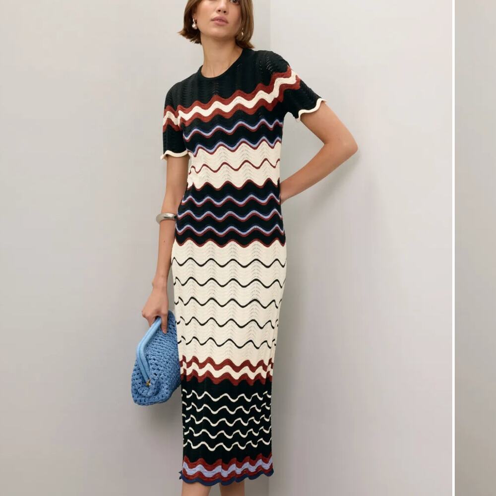 Tanya Taylor Zigzag Knit Midi Dress XS Red White Blue Pointelle Designer $500